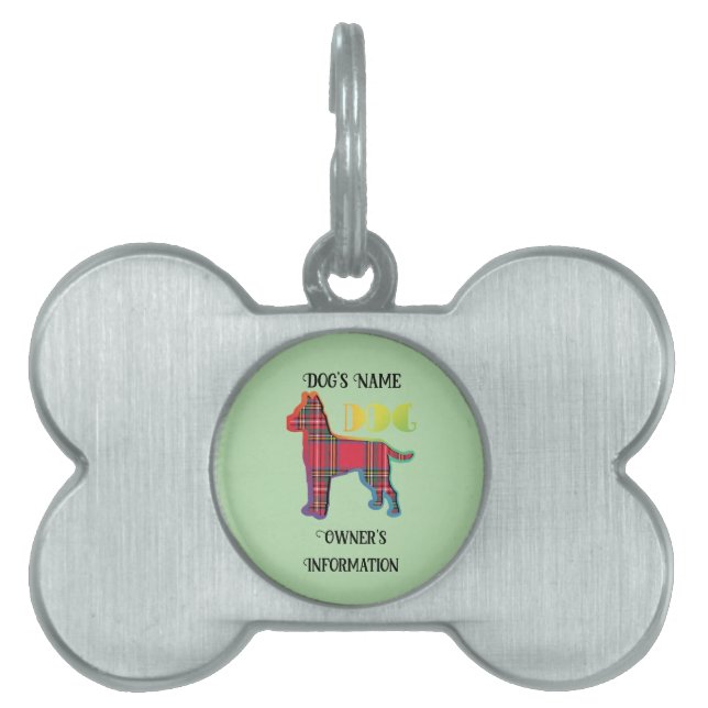 Personaliseer Red Plaid Lt Green DOG Bone Huisdieren Naamplaatje (voorkant)