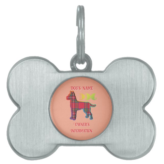 Personaliseer Red Plaid Peach DOG Bone Huisdieren Naamplaatje (voorkant)