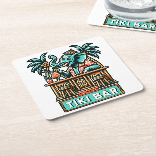 Personaliseer Retro Elephant Tiki Bar Kartonnen Onderzetters (Schuin)