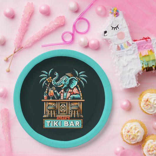 Personaliseer Retro Elephant Tiki Bar Papieren Bordje (Feest)