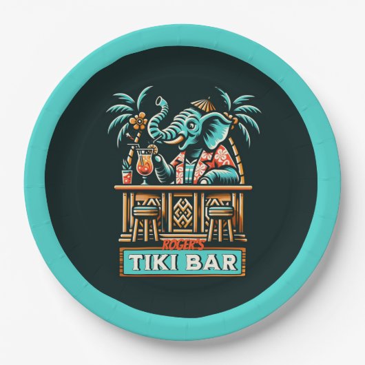 Personaliseer Retro Elephant Tiki Bar Papieren Bordje (Voorkant)