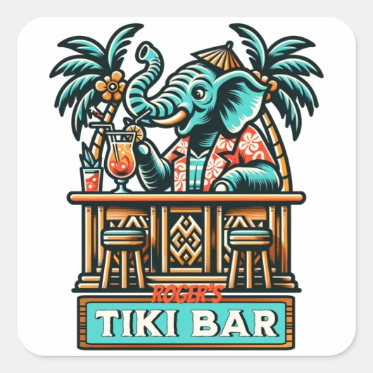 Personaliseer Retro Elephant Tiki Bar Vierkante Sticker (Voorkant)