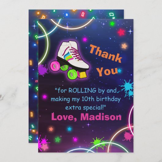 Personaliseer Roller Skating Neon Birthday Bedankkaart (Voorkant / Achterkant)