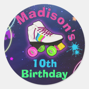 Personaliseer Roller Skating Neon Birthday Ronde Sticker