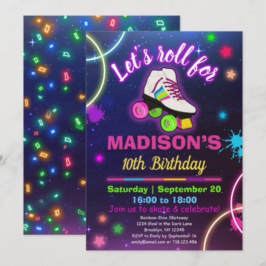 Personaliseer Roller Skating Neon Birthday RSVP Kaart (Voorkant / Achterkant)