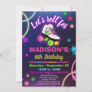 Personaliseer Roller Skating Neon Birthday RSVP Kaart
