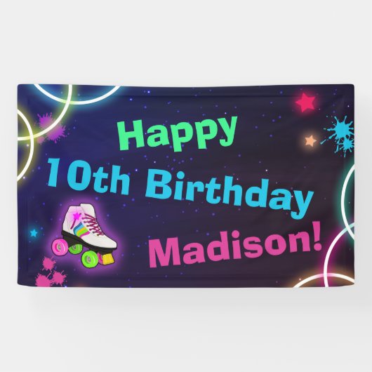 Personaliseer Roller Skating Neon Birthday Spandoek (Horizontaal)