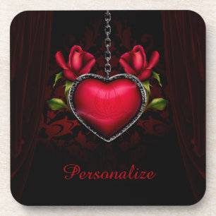 Personaliseer Romantische Gothic Red Heart-Rozen Bier Onderzetter