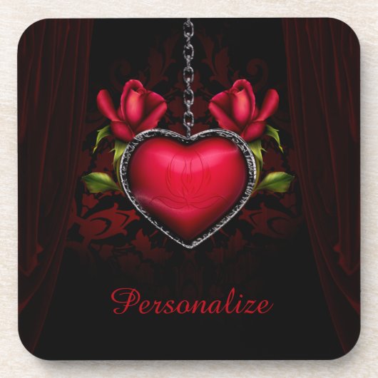 Personaliseer Romantische Gothic Red Heart-Rozen Bier Onderzetter (Voorkant)