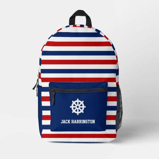 Personaliseer rood wit blauw nautische strepen roe bedrukte rugzak (Voorkant)
