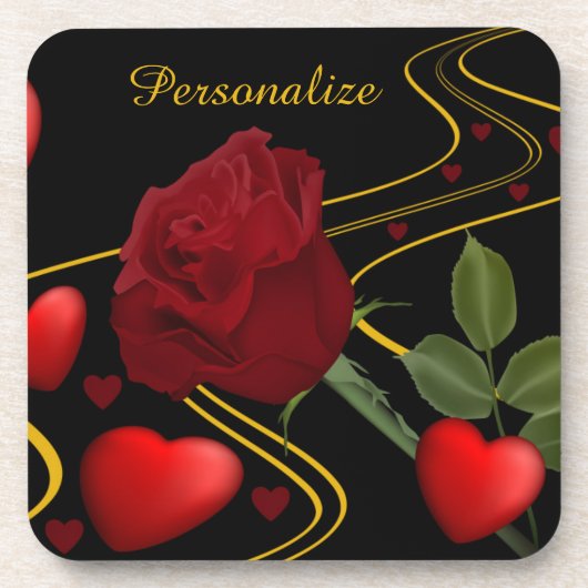 Personaliseer roodharten Rozen Gold Ribbon Bier Onderzetter (Voorkant)