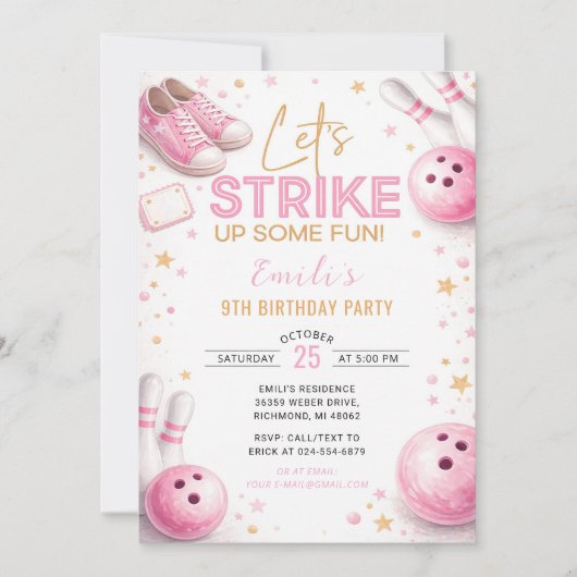 Personaliseer Roze Bowling Verjaardag Kaart (Voorkant)