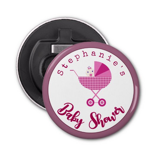 Personaliseer roze carriage Baby shower Favor Button Flesopener (Voorkant)