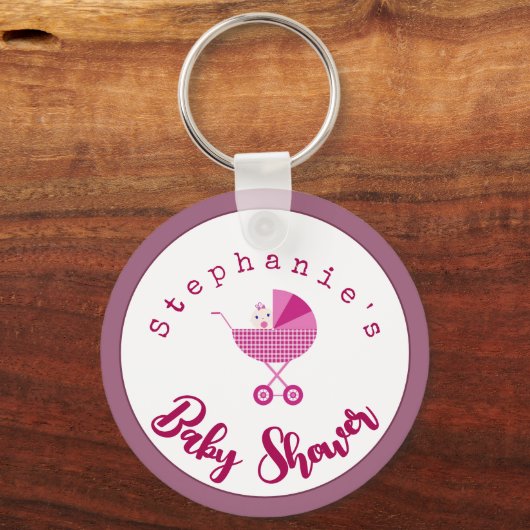Personaliseer roze carriage Baby shower Favor Sleutelhanger (Voorkant)