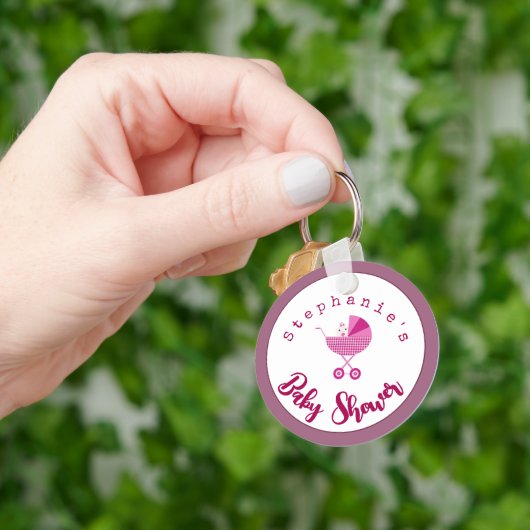 Personaliseer roze carriage Baby shower Favor Sleutelhanger (Hand)
