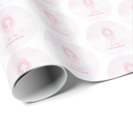 Personaliseer, Roze Eerste Heilige Communie Kruis  Cadeaupapier
