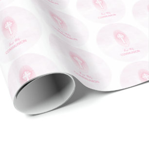 Personaliseer, Roze Eerste Heilige Communie Kruis Cadeaupapier