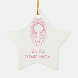 Personaliseer, Roze Eerste Heilige Communie Kruis  Keramisch Ornament