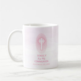 Personaliseer, Roze Eerste Heilige Communie Kruis  Koffiemok