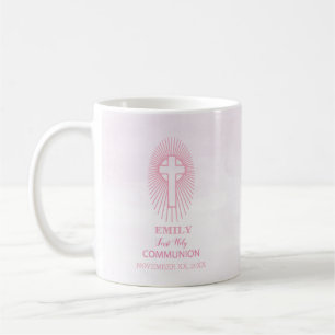 Personaliseer, Roze Eerste Heilige Communie Kruis Koffiemok