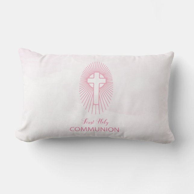 Personaliseer, Roze Eerste Heilige Communie Kruis  Kussen (Voorkant)