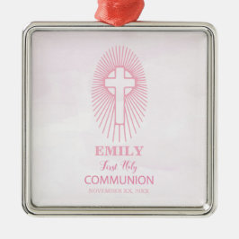 Personaliseer, Roze Eerste Heilige Communie Kruis  Metalen Ornament
