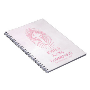 Personaliseer, Roze Eerste Heilige Communie Kruis  Notitieboek