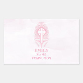 Personaliseer, Roze Eerste Heilige Communie Kruis  Rechthoekige Sticker