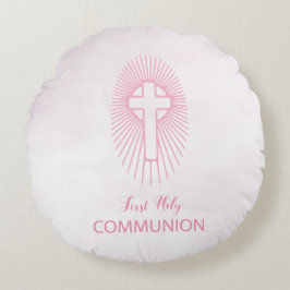 Personaliseer, Roze Eerste Heilige Communie Kruis  Rond Kussen