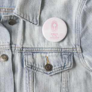 Personaliseer, Roze Eerste Heilige Communie Kruis Ronde Button 5,7 Cm