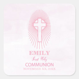 Personaliseer, Roze Eerste Heilige Communie Kruis  Vierkante Sticker