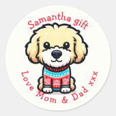 Personaliseer schattige Goldendoodle in Kersttrui Ronde Sticker (Voorkant)