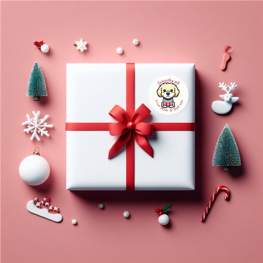 Personaliseer schattige Goldendoodle in Kersttrui Ronde Sticker