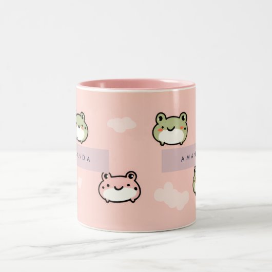 Personaliseer Schattige Kawaii Pastel Frog Design  Tweekleurige Koffiemok (Center)
