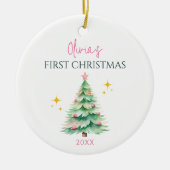 Personaliseer Schattige Roze Baby Meisje 1e Kerstb Keramisch Ornament (Voorkant)