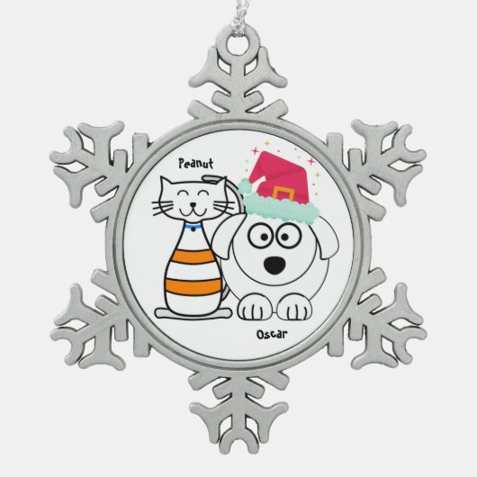Personaliseer Schattigee Cat & Dog Christmas Ornam Tin Sneeuwvlok Ornament (Voorkant)