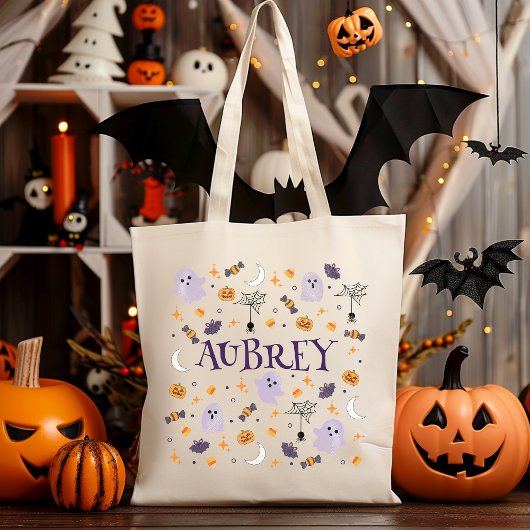 Personaliseer Schattigee Ghost Trick or treat Canv Tote Bag