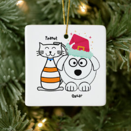Personaliseer Schattigee kat en hond Vrolijk kerst Keramisch Ornament