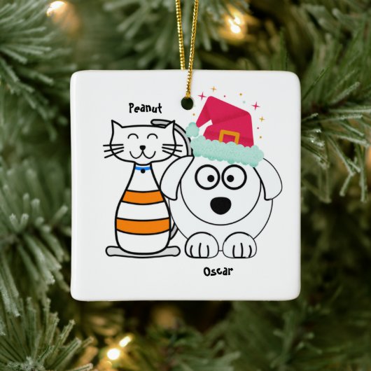 Personaliseer Schattigee kat en hond Vrolijk kerst Keramisch Ornament (Boom)