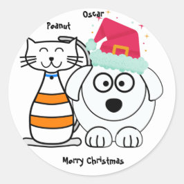 Personaliseer Schattigee kat en hond Vrolijk kerst Ronde Sticker