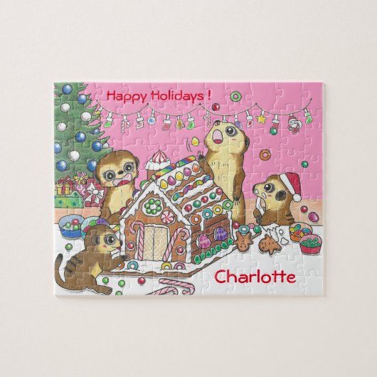 Personaliseer Schattigee Meerkats puzzel roze (Horizontaal)