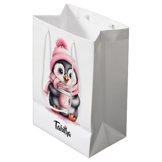 Personaliseer Schattigee Roze Pinguïn Kerstmis Gif Medium Cadeauzakje (Voorkant Gekanteld)