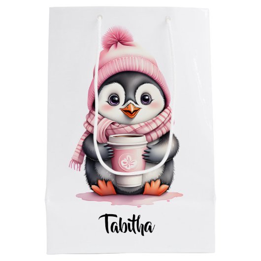 Personaliseer Schattigee Roze Pinguïn Kerstmis Gif Medium Cadeauzakje (Achterkant)