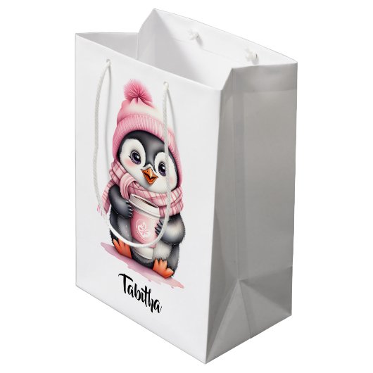 Personaliseer Schattigee Roze Pinguïn Kerstmis Gif Medium Cadeauzakje (Achterkant Gekanteld)