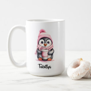 Personaliseer Schattigee Roze Pinguïn Kerstmis Koffiemok