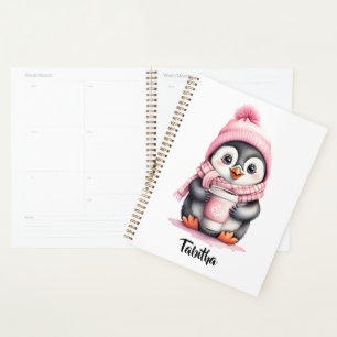 Personaliseer Schattigee Roze Pinguïn Kerstmis Planner