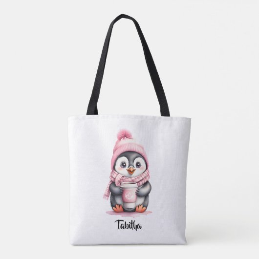 Personaliseer Schattigee Roze Pinguïn Kerstmis Tote Bag (Achterkant)