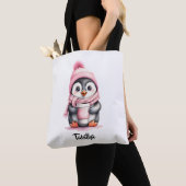 Personaliseer Schattigee Roze Pinguïn Kerstmis Tote Bag (Dichtbij)