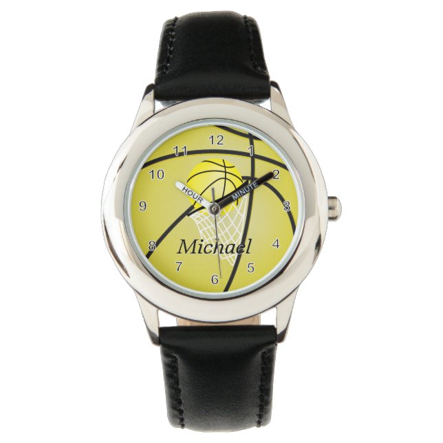 Personaliseer Sport Geel Basketbal Horloge (Voorkant)