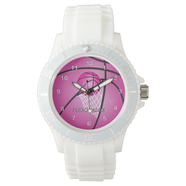 Personaliseer sport roze basketbal horloge (Voorkant)